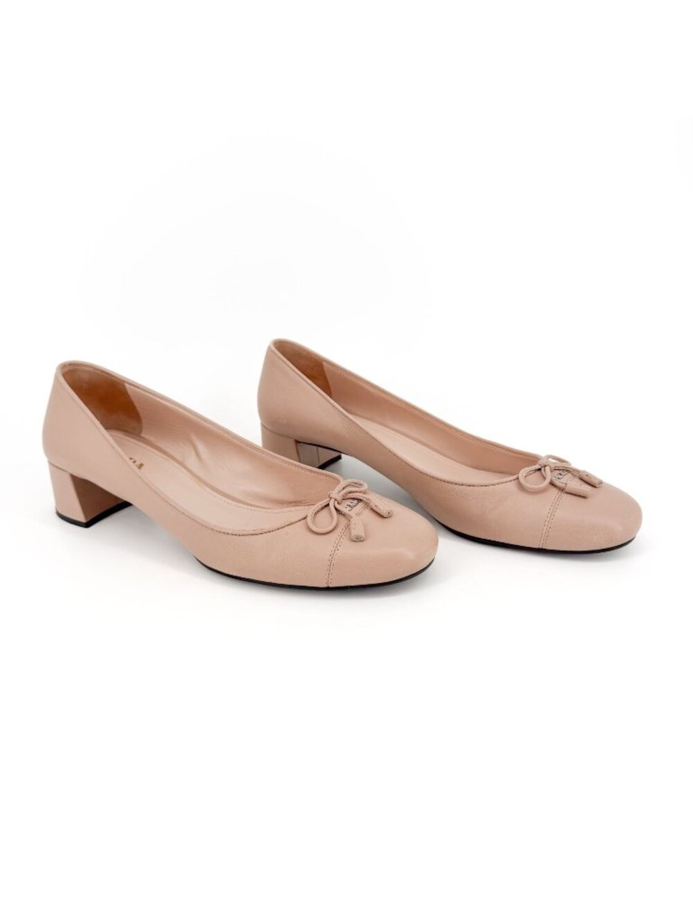 Prada Cap Toe Logo Ballet Pumps Heels Beige Leather Size 40 US 10 Block Heel